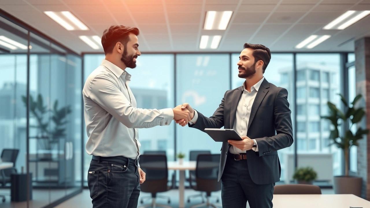 deux personnes se serrent la main dans un bureau