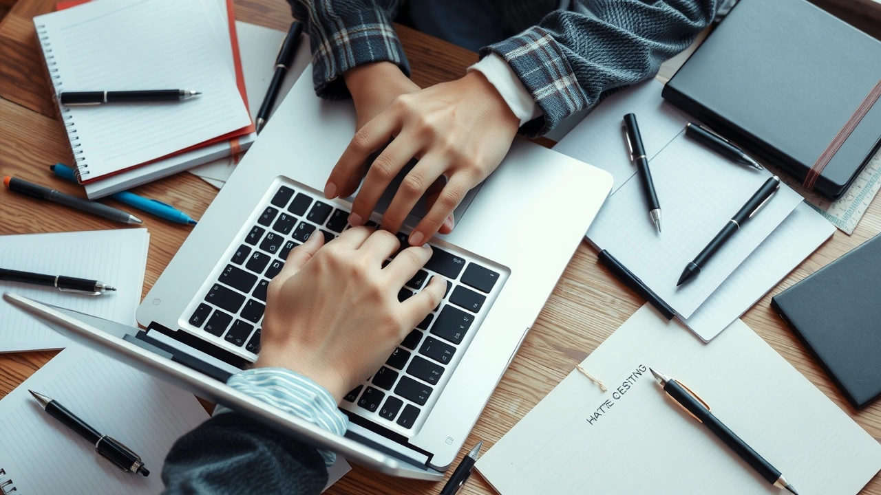 person ecrivant sur un ordinateur portable avec des carnets