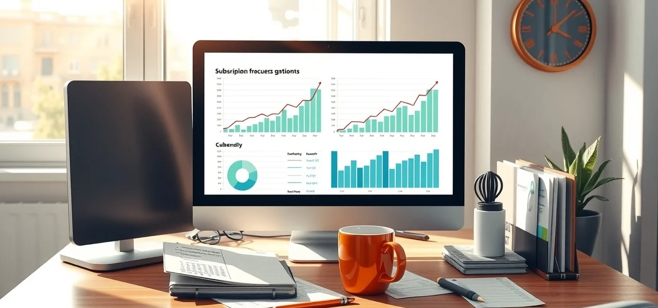 Une scène moderne d'un espace de travail montrant des graphiques et des tableaux sur un écran d'ordinateur, illustrant la croissance des revenus récurrents.