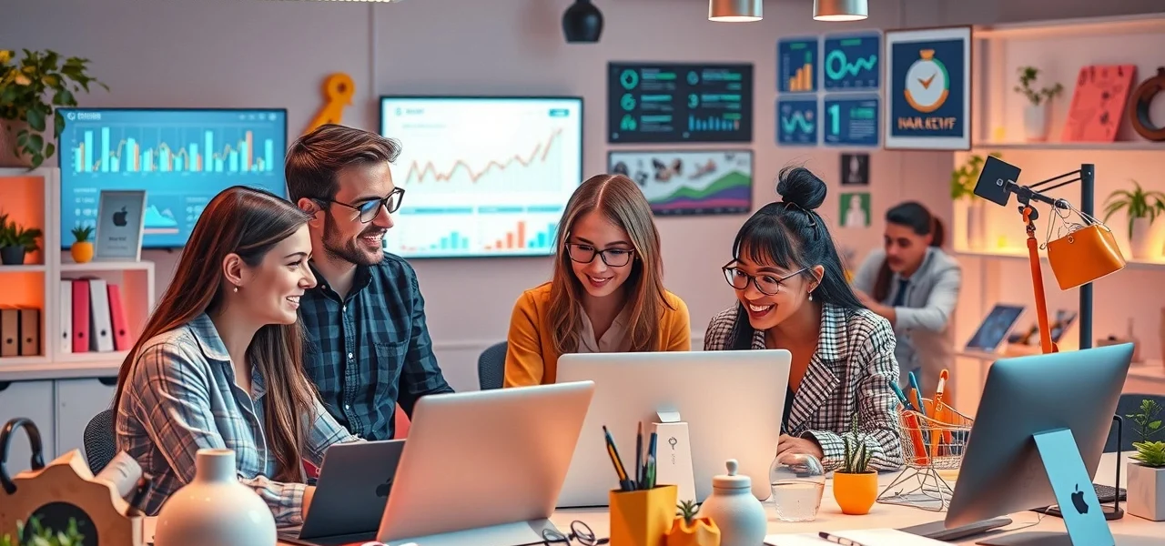 Une image montrant un espace de travail e-commerce moderne avec des produits adaptés aux tendances de consommation.