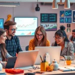 Une image montrant un espace de travail e-commerce moderne avec des produits adaptés aux tendances de consommation.