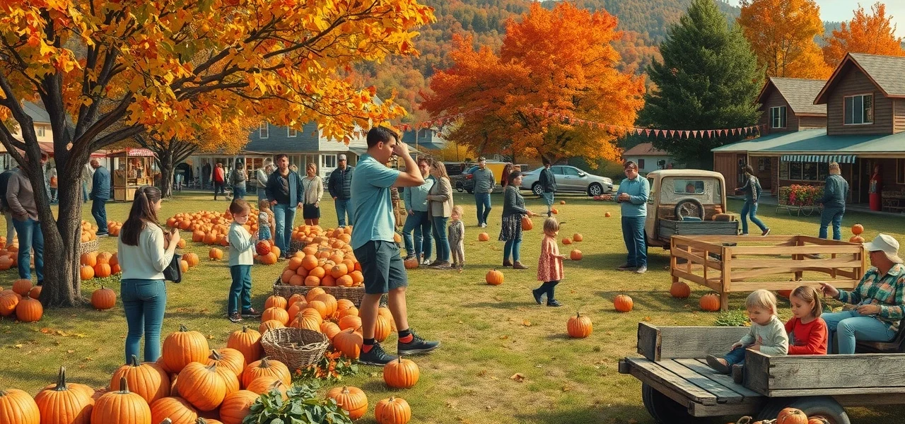 Scène d'un festival d'automne avec des activités extérieures et des décorations saisonnières.