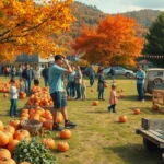 Scène d'un festival d'automne avec des activités extérieures et des décorations saisonnières.