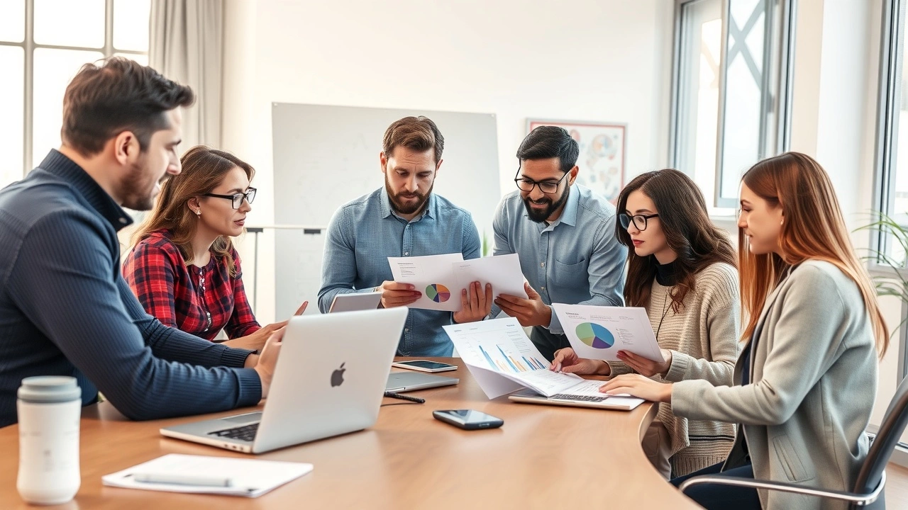 groupe divers analysant des données de marché ensemble