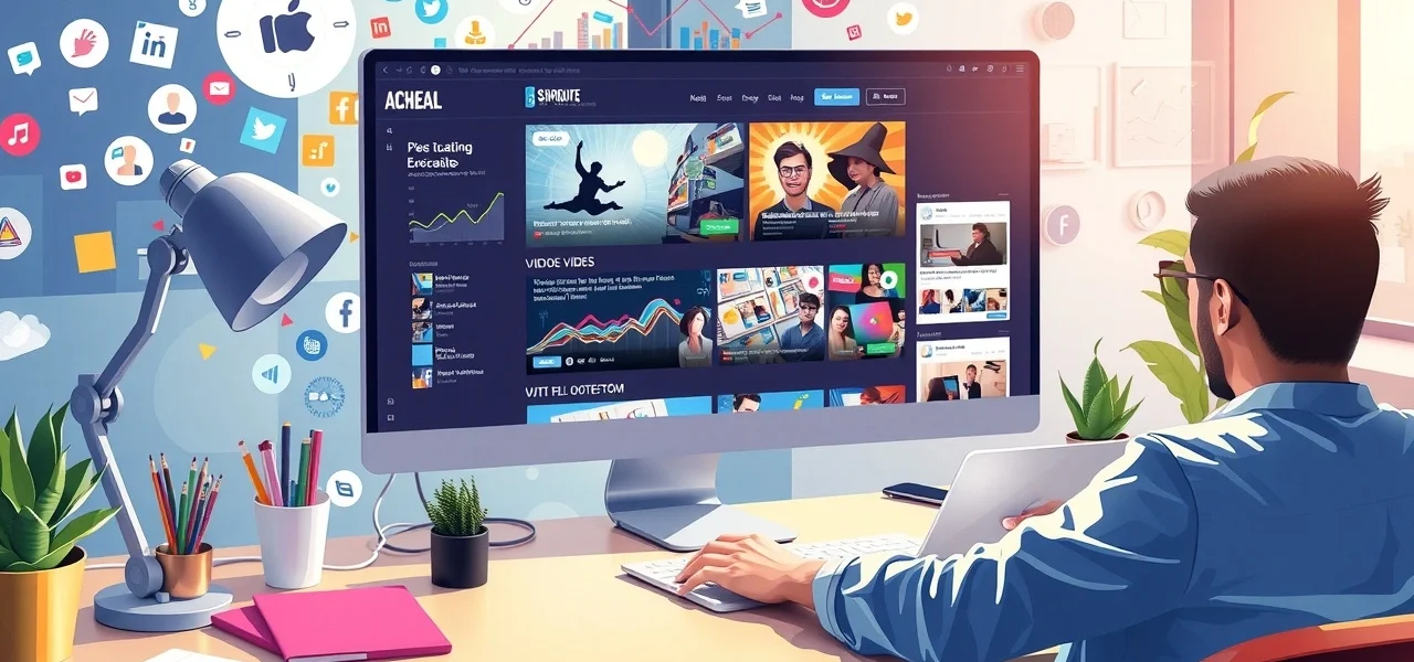 Illustration d'un designer web moderne travaillant sur un ordinateur portable, entouré d'icônes de médias sociaux et de contenus multimédias engageants.