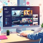 Illustration d'un designer web moderne travaillant sur un ordinateur portable, entouré d'icônes de médias sociaux et de contenus multimédias engageants.