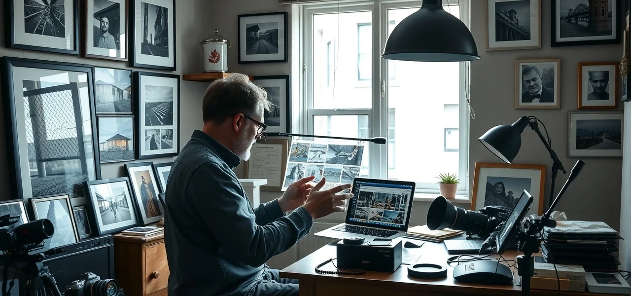 Un photographe professionnel travaillant dans son bureau, entouré de ses œuvres et d'un ordinateur affichant un site de vente.