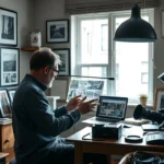 Un photographe professionnel travaillant dans son bureau, entouré de ses œuvres et d'un ordinateur affichant un site de vente.