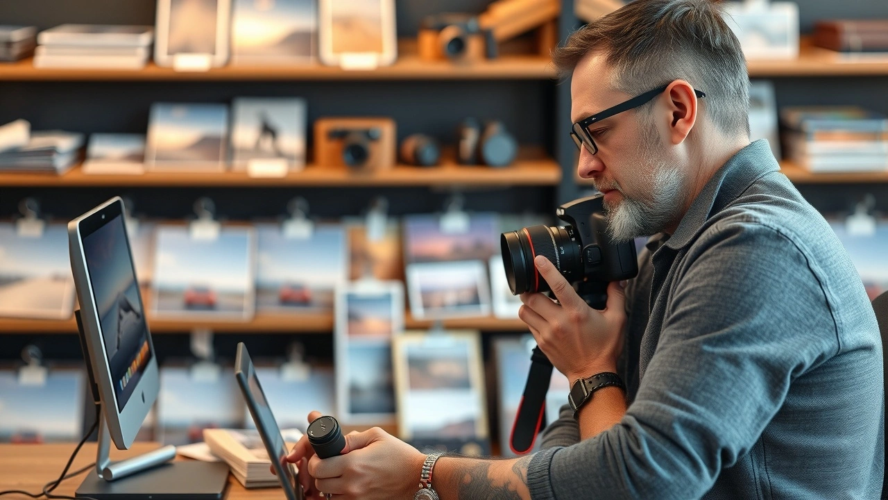 photographe examine ses photos pour les vendre en ligne