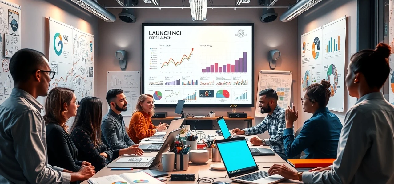 Une scène moderne illustrant une équipe professionnelle réfléchissant à une stratégie de pré-lancement pour un site web.