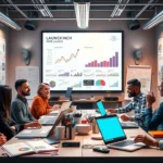 Une scène moderne illustrant une équipe professionnelle réfléchissant à une stratégie de pré-lancement pour un site web.