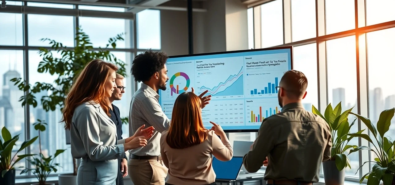 Image montrant une session de stratégie de marketing numérique avec des professionnels dans un bureau moderne.
