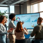 Image montrant une session de stratégie de marketing numérique avec des professionnels dans un bureau moderne.