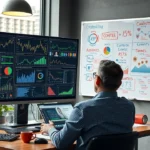 Une scène photoréaliste illustrant un stratège de contenu analysant des données numériques dans un bureau moderne.