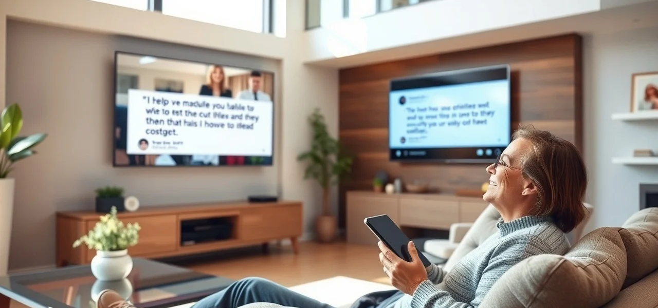 Une personne regardant un témoignage vidéo dans un salon moderne.