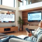Une personne regardant un témoignage vidéo dans un salon moderne.
