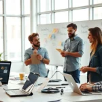 Une scène de collaboration d'une équipe de conception de site web utilisant des animations pour améliorer l'expérience utilisateur.