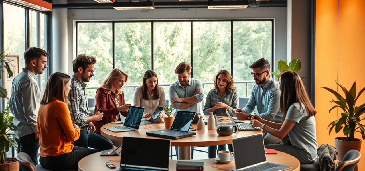Une scène moderne d'un bureau e-commerce illustrant une équipe diversifiée en pleine collaboration et créativité.