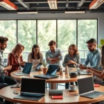 Une scène moderne d'un bureau e-commerce illustrant une équipe diversifiée en pleine collaboration et créativité.