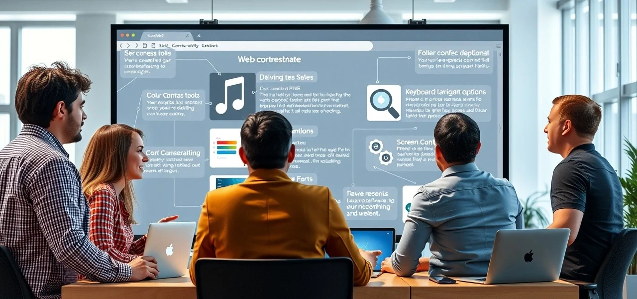 Un groupe divers de personnes concevant un site web accessible ensemble.