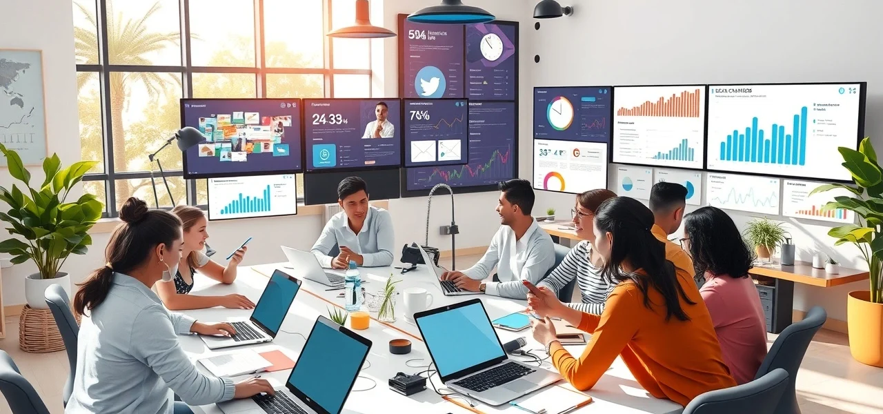 Une illustration d'un espace de travail moderne avec des écrans montrant divers canaux marketing numériques.