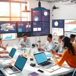 Une illustration d'un espace de travail moderne avec des écrans montrant divers canaux marketing numériques.