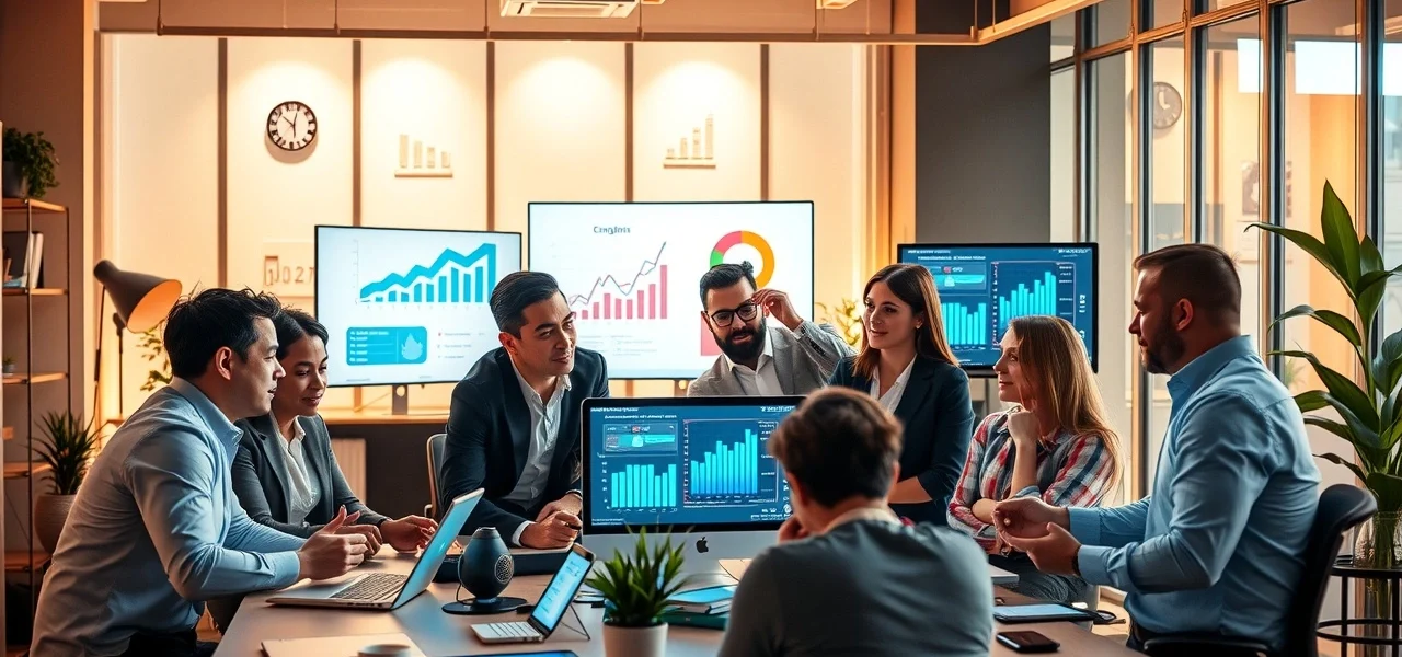 Un espace de travail numérique moderne avec des professionnels collaborant.