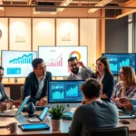 Un espace de travail numérique moderne avec des professionnels collaborant.