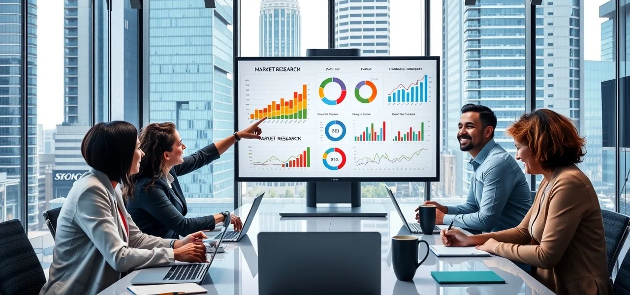 Groupe de professionnels analysant des données de marché dans un bureau moderne.