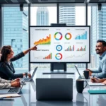 Groupe de professionnels analysant des données de marché dans un bureau moderne.