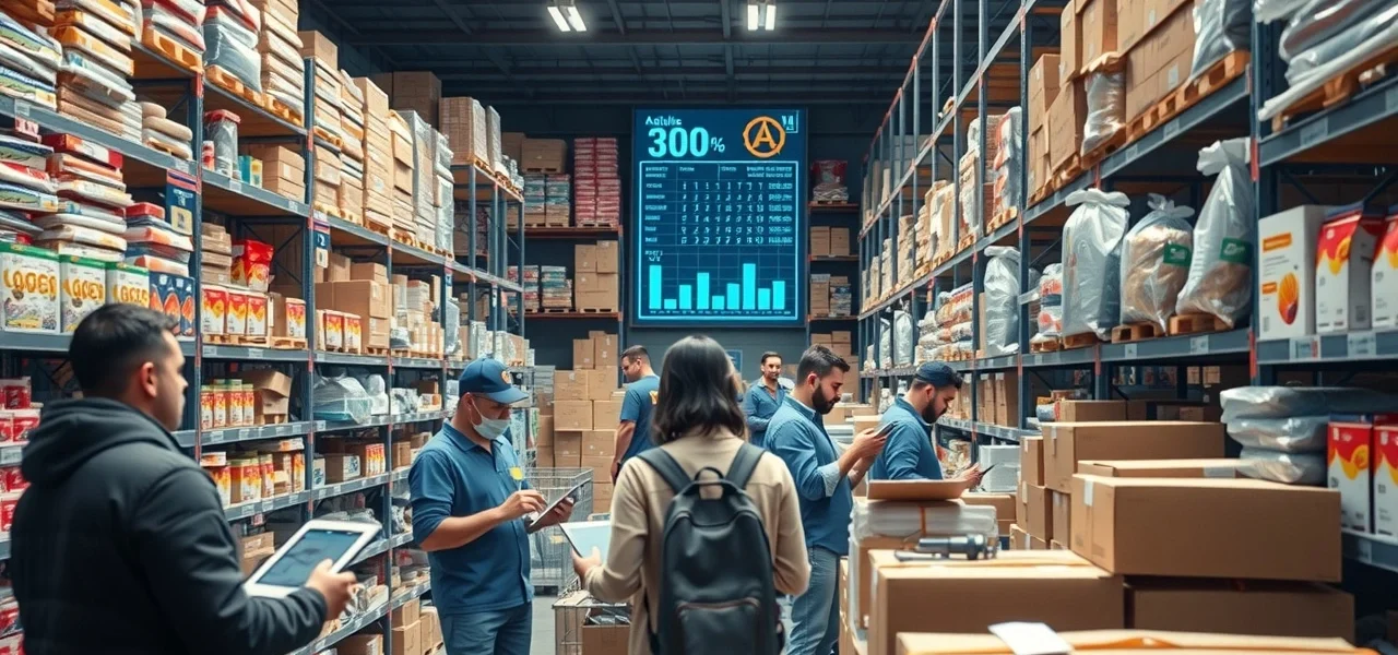 Une scène de gestion d'inventaire pour e-commerce avec des employés et des produits organisés.