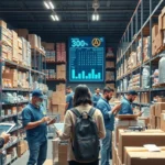 Une scène de gestion d'inventaire pour e-commerce avec des employés et des produits organisés.