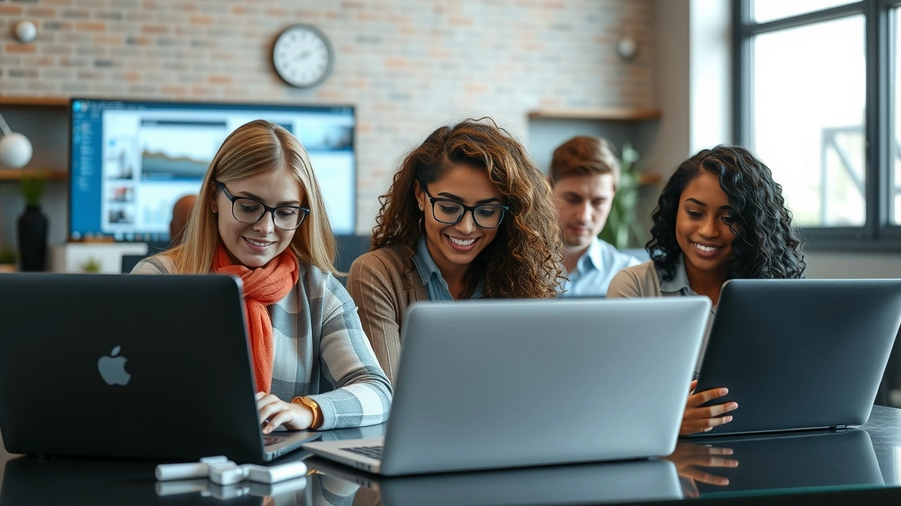 groupe de personnes apprenant en ligne sur des ordinateurs portables