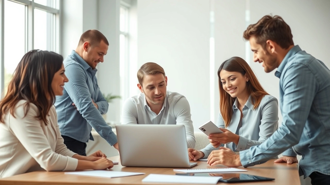 groupe de personnes collaborant autour d'un ordinateur portable
