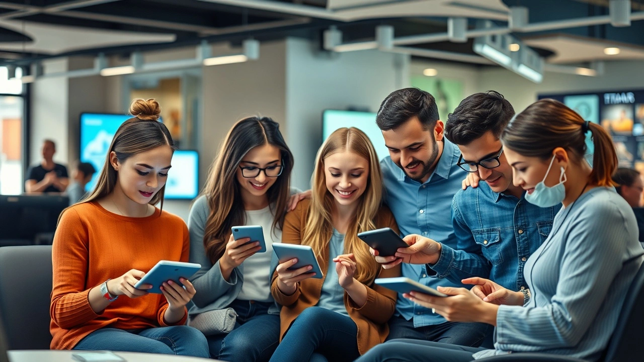 groupe divers utilisant plusieurs appareils numériques