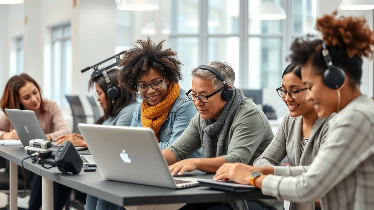 groupe divers utilisant des ordinateurs portables avec outils daccessibilité