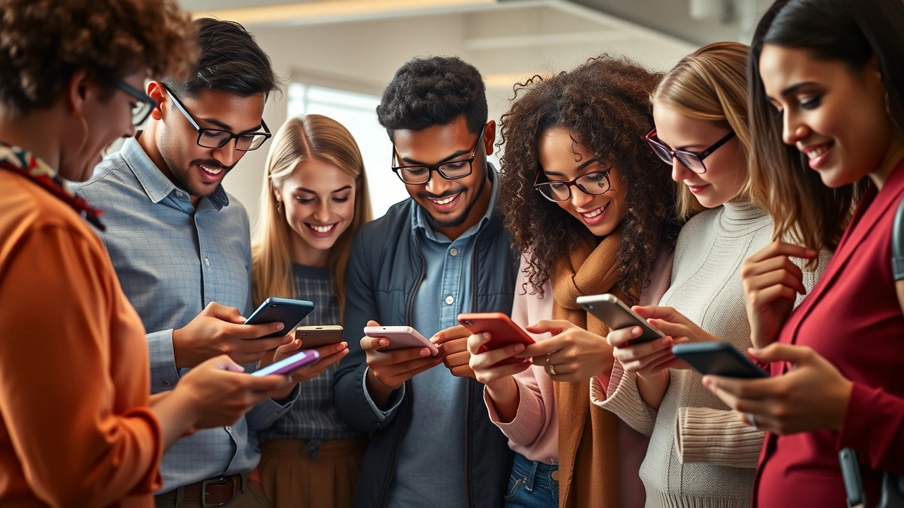 groupe de personnes partageant du contenu sur leurs appareils