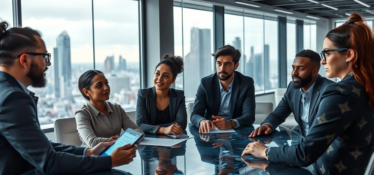 Une illustration de professionnels discutant de stratégies de publicité numérique avec des plateformes d'IA en 2024.