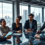 Une illustration de professionnels discutant de stratégies de publicité numérique avec des plateformes d'IA en 2024.