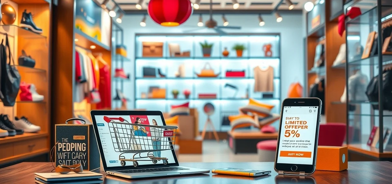 Une scène montrant un magasin en ligne attrayant avec des produits et des offres irrésistibles.