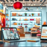 Une scène montrant un magasin en ligne attrayant avec des produits et des offres irrésistibles.