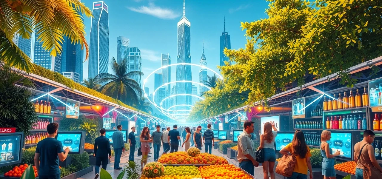 Un paysage digital illustrant l'essor du commerce social en 2024.