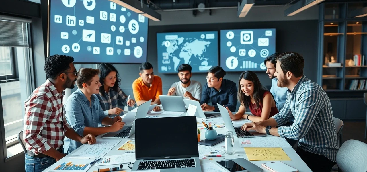 Une scène montrant des personnes collaborant sur une campagne de marketing viral.