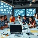 Une scène montrant des personnes collaborant sur une campagne de marketing viral.