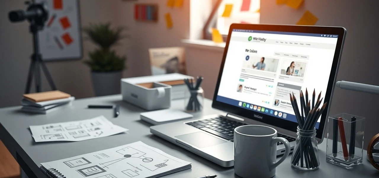 Une image illustrant un site web moderne et convivial sur un écran d'ordinateur, avec un décor de bureau créatif.