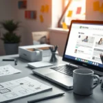 Une image illustrant un site web moderne et convivial sur un écran d'ordinateur, avec un décor de bureau créatif.