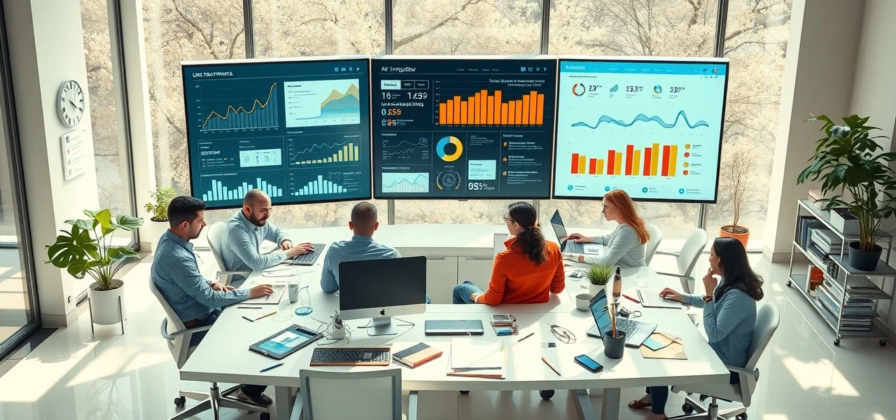 Une scène moderne de marketing digital avec une équipe collaborative et des tendances en optimisation de l'expérience utilisateur.