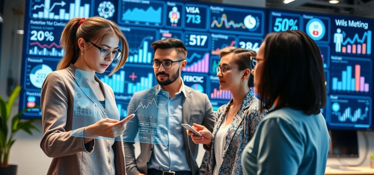 Une scène de marketing digital futuriste avec des professionnels utilisant une technologie avancée.