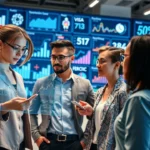 Une scène de marketing digital futuriste avec des professionnels utilisant une technologie avancée.