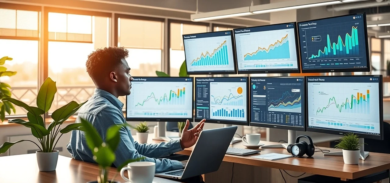 Une personne au bureau analysant des tendances de recherche sur plusieurs écrans.